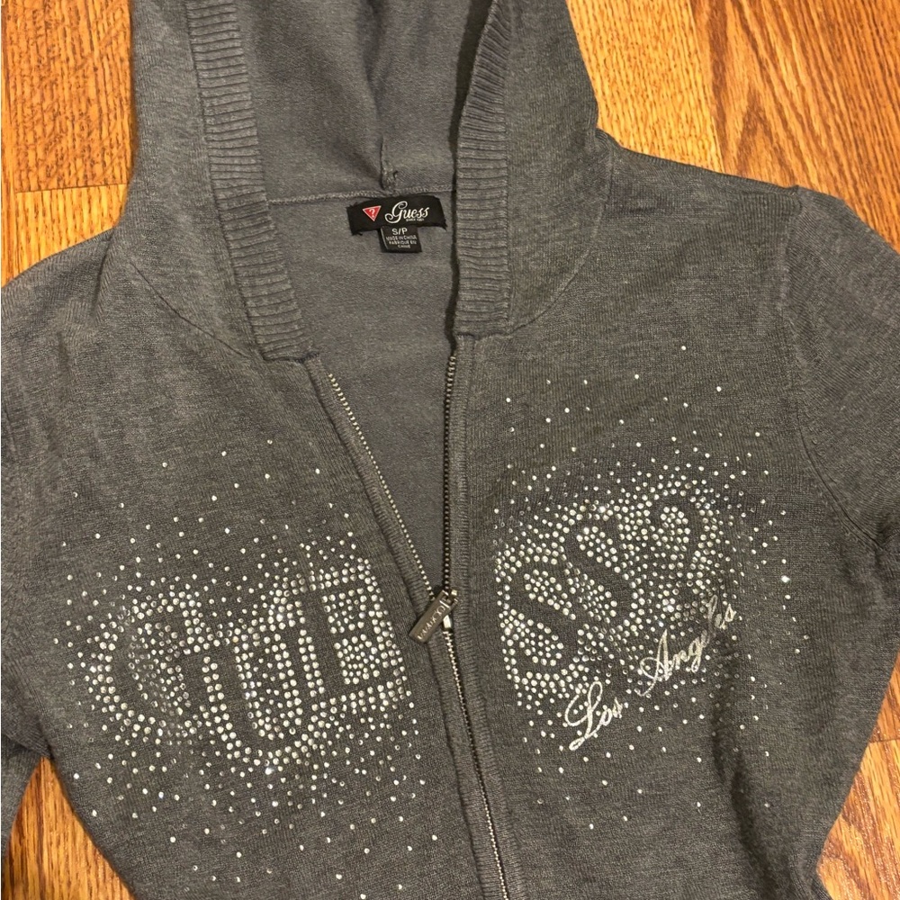 Vintage grey Guess zip-up hoodie with rhinestone details